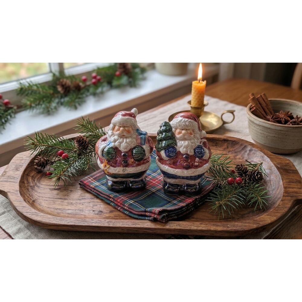 Vintage Iridescent Ceramic Santa Claus Salt and Pepper Shakers Set